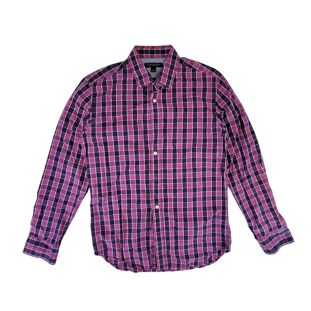 Banana Republic Plaid Button‎ Down Shirt Pink Navy Long Sleeve Slim Fit Mens S